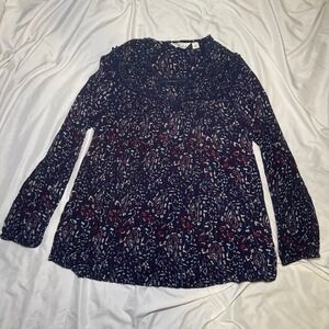Caffe Marrakesh Paisley Boho Blouse‎ Womens Small Navy Blue Metallic Lace Trim